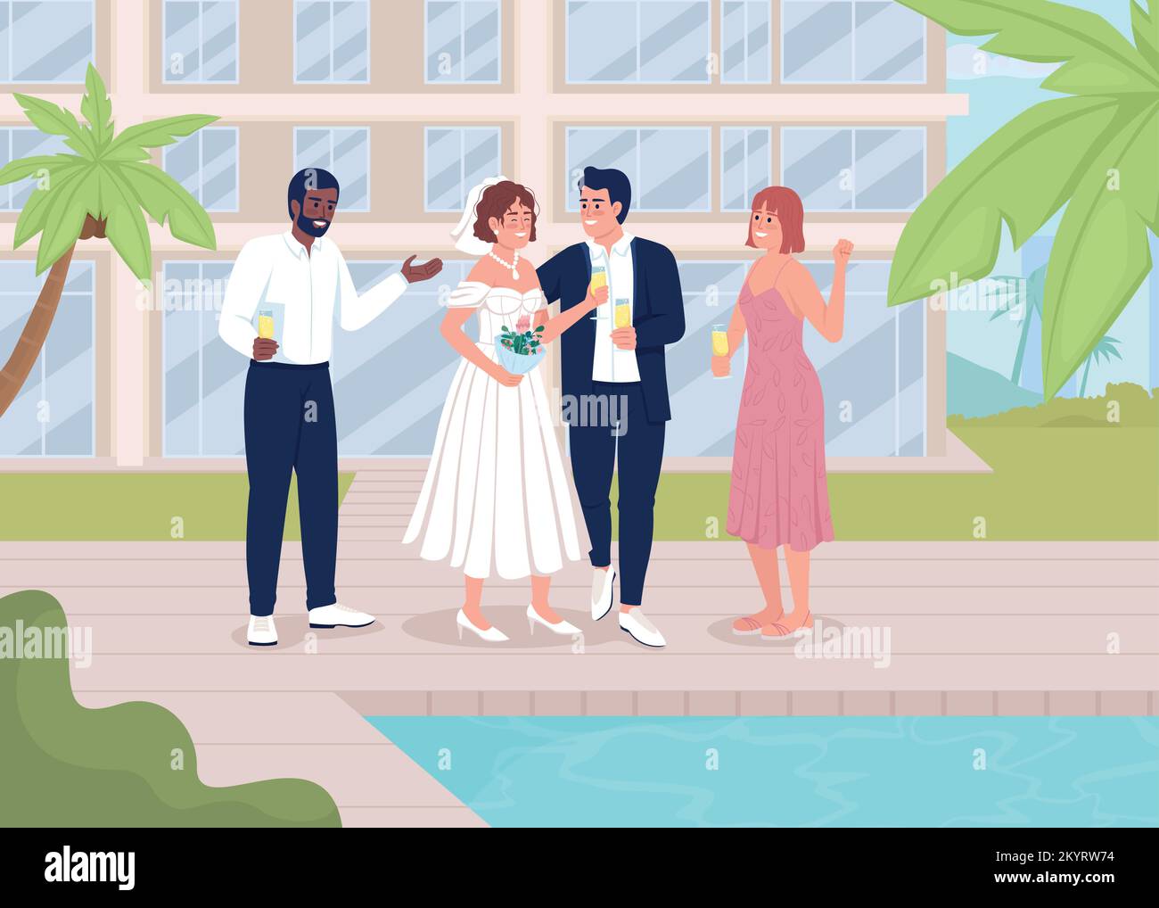 Festa di nozze vicino alla piscina disegno vettoriale di colore piatto Illustrazione Vettoriale