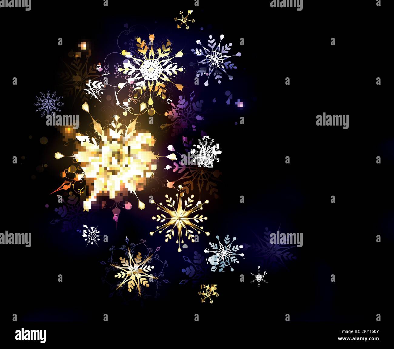 Oro, gioielli, fiocchi di neve modellati su nero incandescente, sfondo di Natale. Fiocchi di neve dorati. Illustrazione Vettoriale