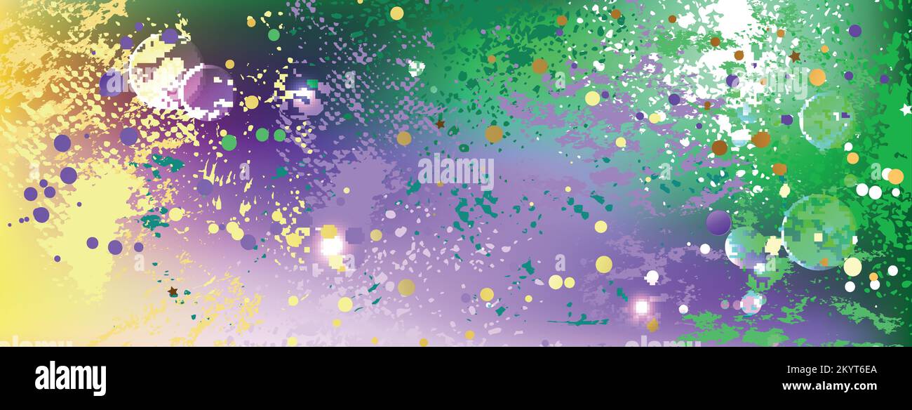 Festoso, sfondo del Mardi Gras splattered con macchie di vernice viola, gialla e verde. Sfondo per vacanze Mardi Gras. Illustrazione Vettoriale