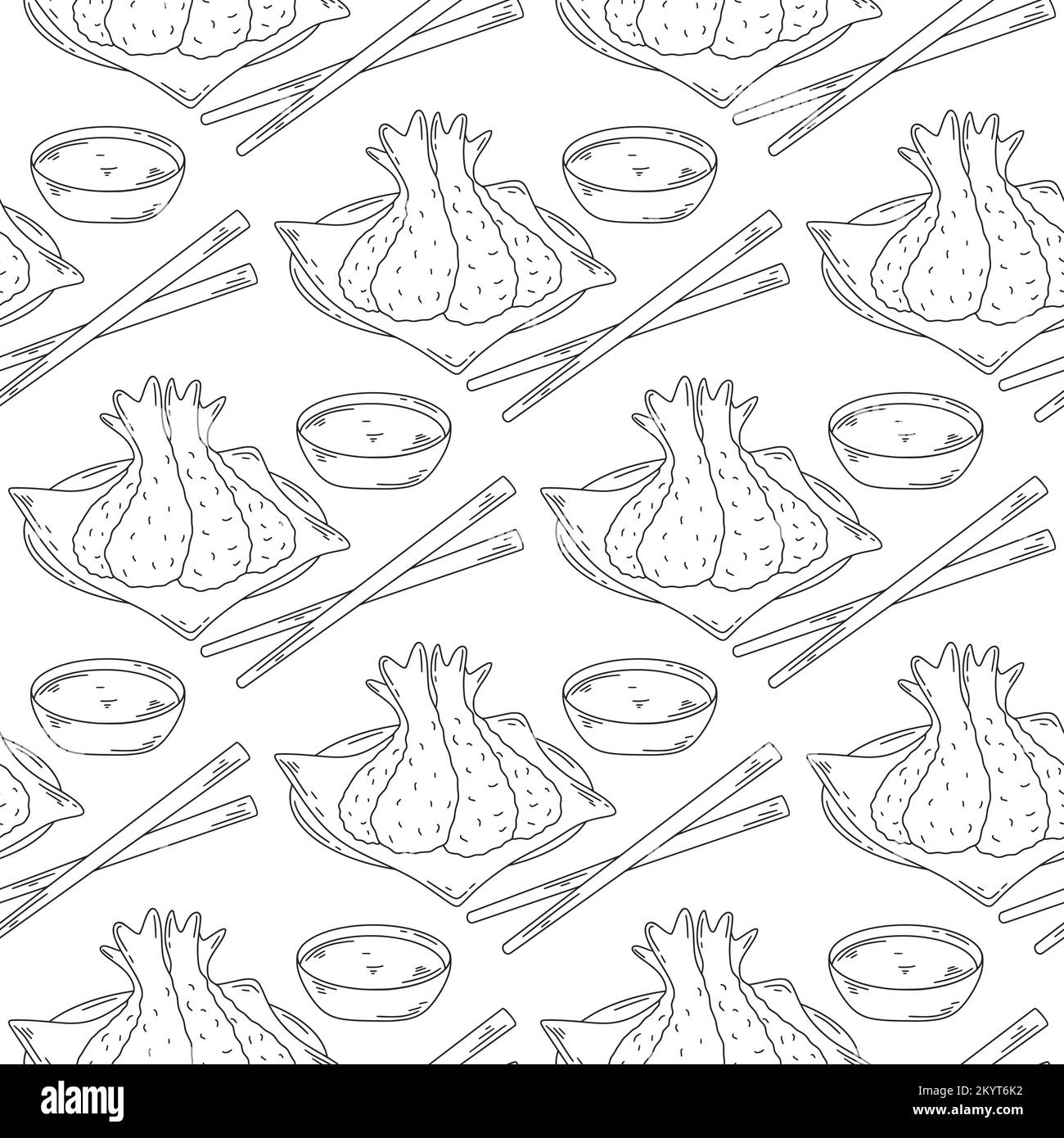 Cibo asiatico senza cuciture modello. Schizzo di tempura con salsa di soia. Sfondo piatto giapponese inciso a mano. Ripetere la stampa per tessuto, imballaggio, carta Illustrazione Vettoriale Cibo asiatico senza cuciture modello. Schizzo di tempura con salsa di soia. Sfondo piatto giapponese inciso a mano. Ripetere la stampa per tessuto, imballaggio, carta Illustrazione Vettoriale