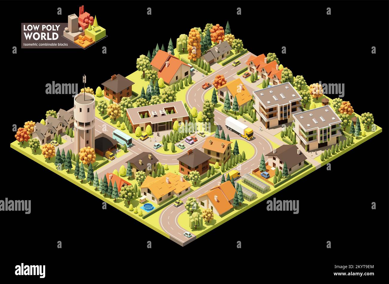 Set di creazione mappa mondiale isometrica vettoriale. Elementi mappa combinabili. Mappa di una piccola città. Edifici, alberi, torre dell'acqua e uffici Illustrazione Vettoriale