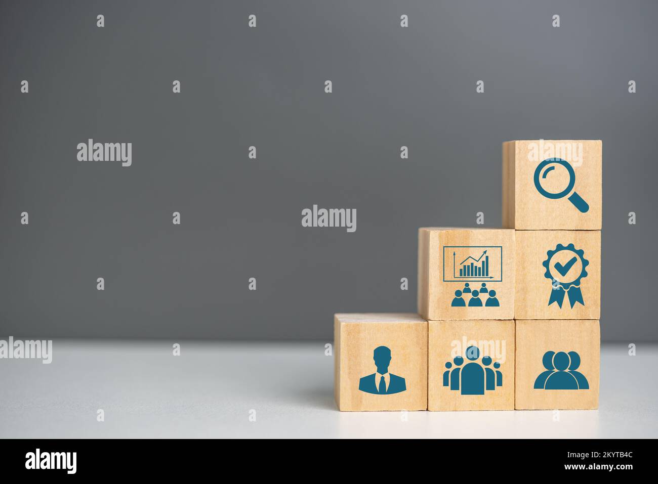 HRM cubo legno icona gestione risorse umane strategia aziendale lavoro e abilità dipendente. Foto Stock