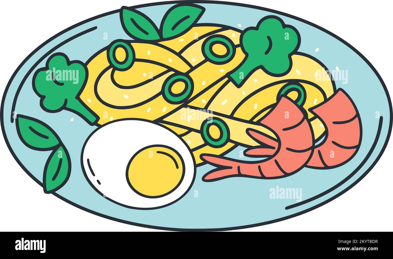 Tagliatelle di uova con uova di gamberi e verdure clip art. Cucina asiatica tradizionale. Pranzo abbondante con pesce asianfood isolato vettore illustrazione Illustrazione Vettoriale