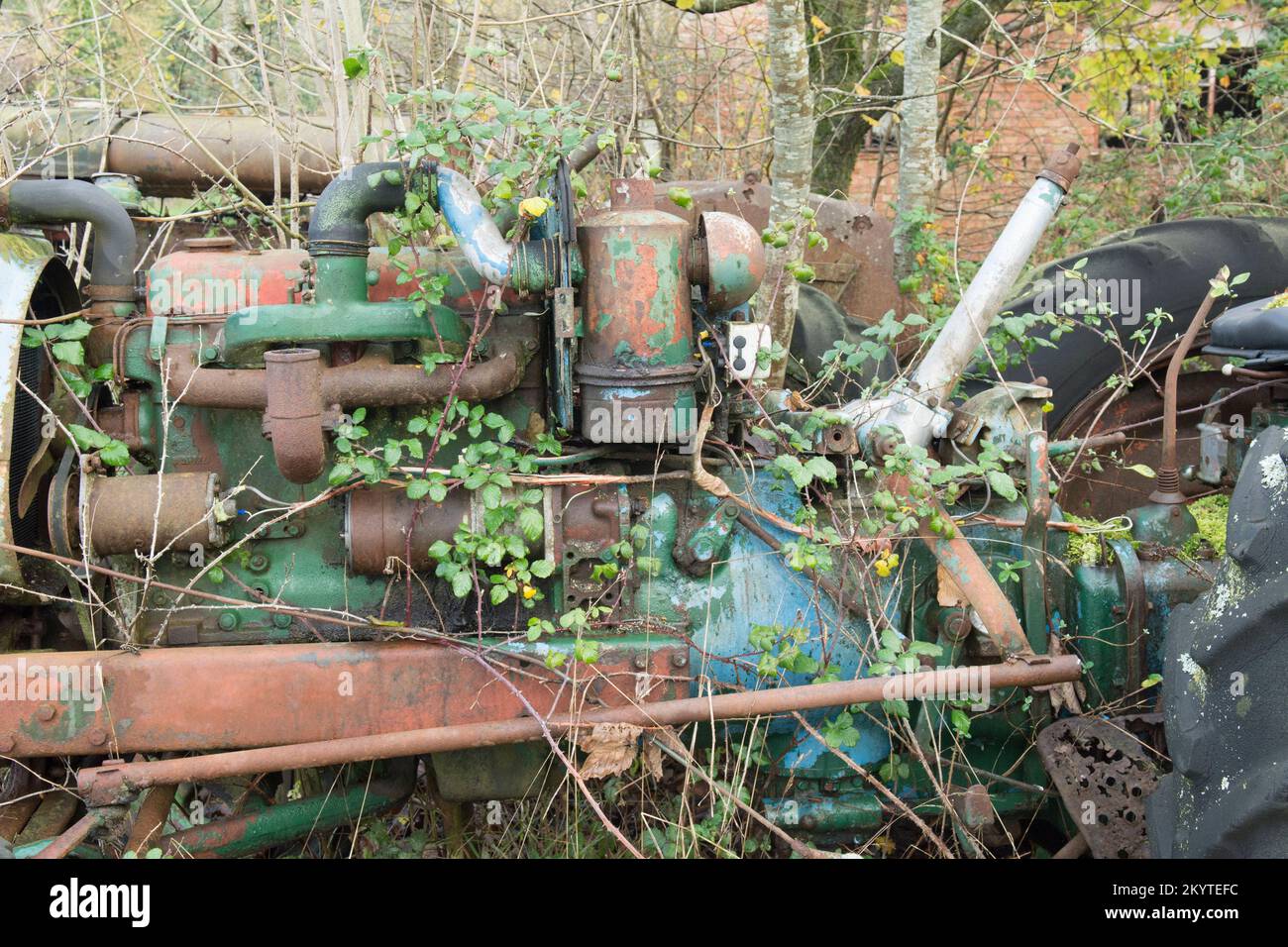 Particolare del motore in vecchio trattore arrugginito abbandonato, cresciuto con erbacce e ciottoli, Regno Unito Foto Stock
