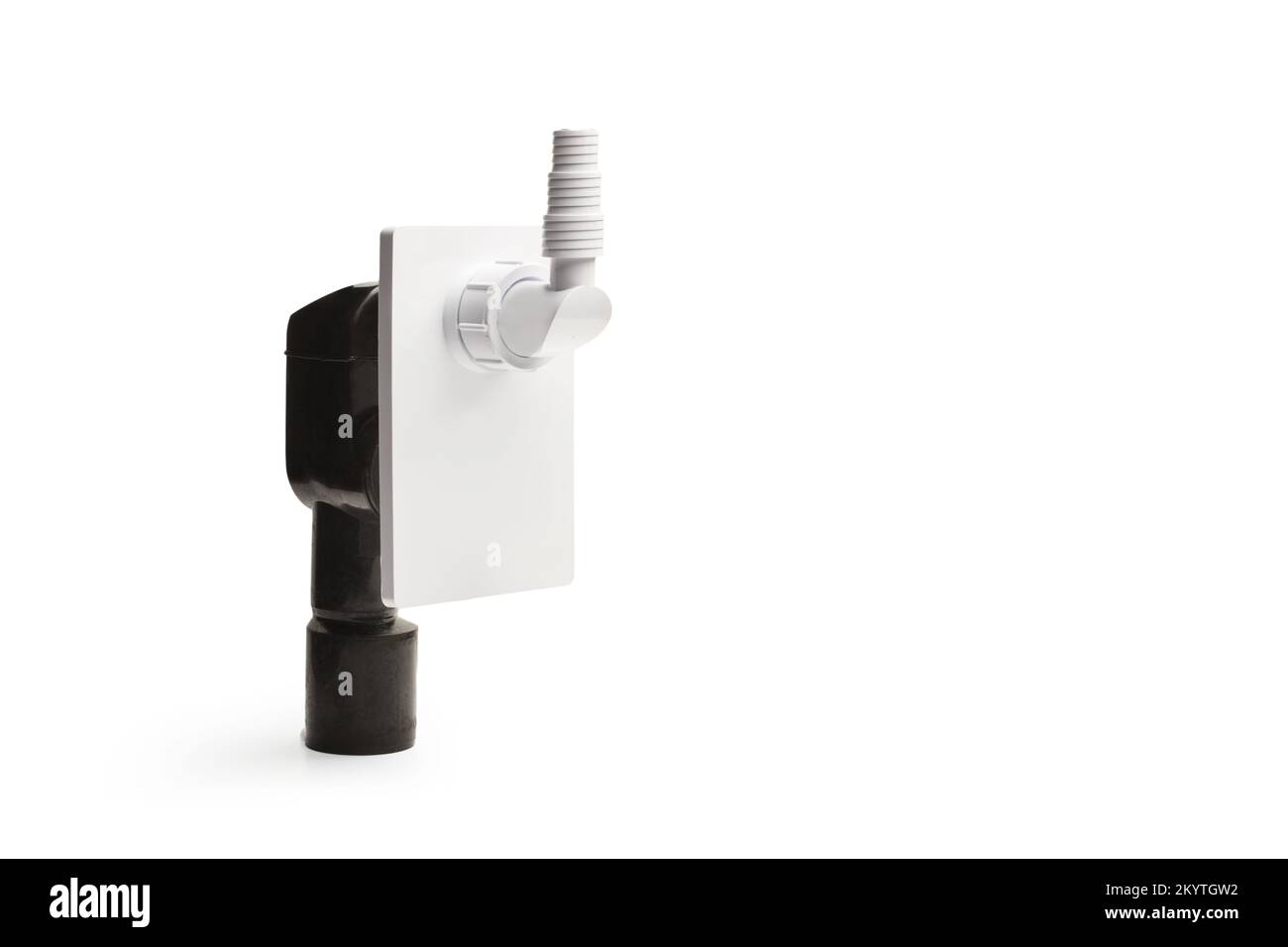 Sifone in PVC per lavatrice su sfondo bianco con spazio copia Foto Stock