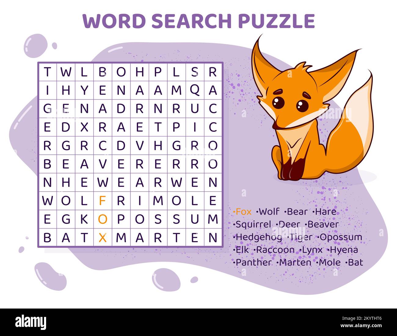 Puzzle di ricerca per parole per bambini con animali selvatici. Illustrazione Vettoriale