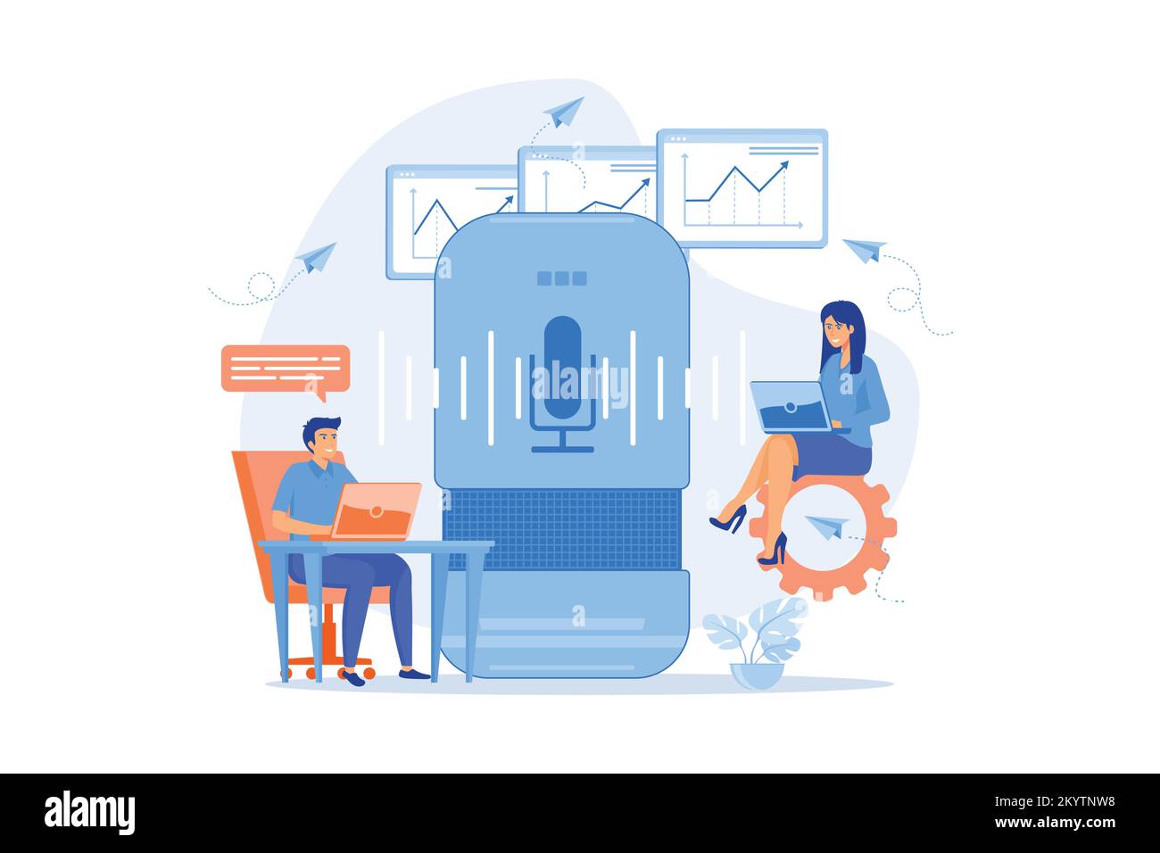 Altoparlante intelligente utilizzato dai lavoratori in ufficio. Controller per ufficio intelligente e comandi vocali, dispositivi digitali per ufficio con controllo vocale e Internet of Things Illustrazione Vettoriale