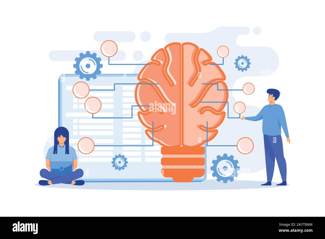 Grande cervello con circuiti e programmatori. Intelligenza artificiale, apprendimento automatico e scienza dei dati, concetto di elaborazione cognitiva su sfondo bianco. f Illustrazione Vettoriale