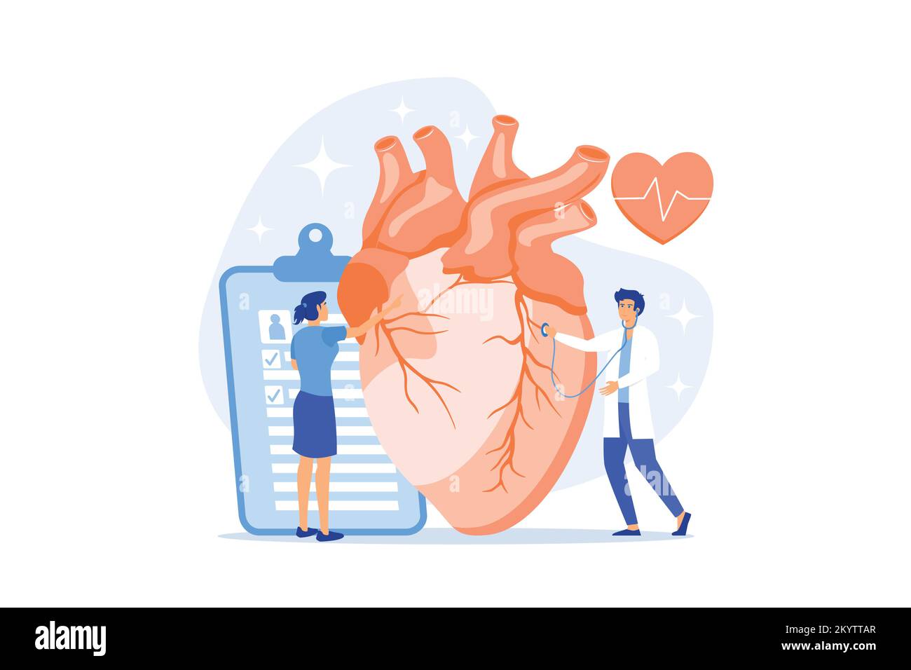 Dottore con stetoscopio che ascolta un enorme battito cardiaco. Concetto di cardiopatia ischemica, cardiopatia e coronaropatia su sfondo bianco. f Illustrazione Vettoriale