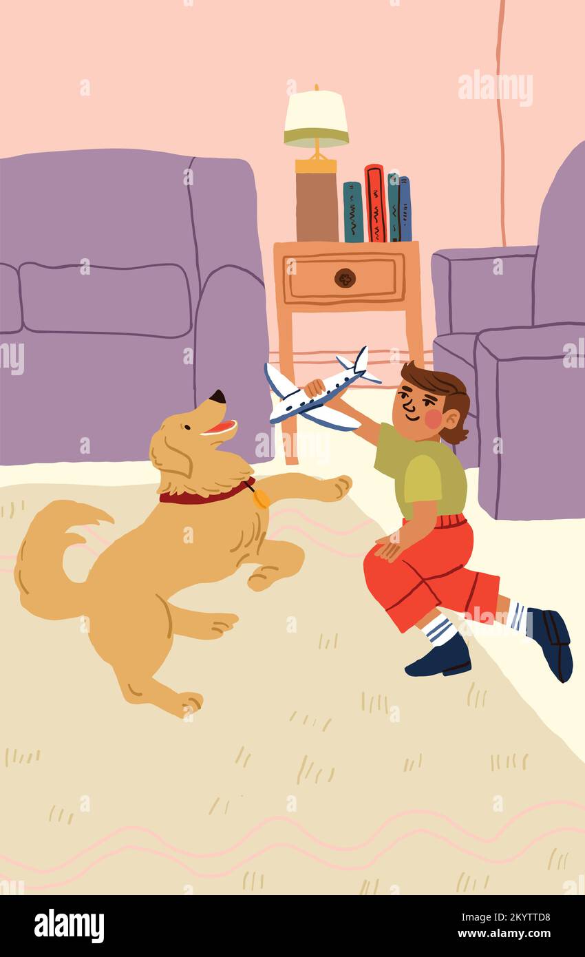 Il ragazzo gioca con il cane in salotto. Buon divertimento per tutta la famiglia. Golden Retriever e il bambino. Illustrazione vettoriale Illustrazione Vettoriale