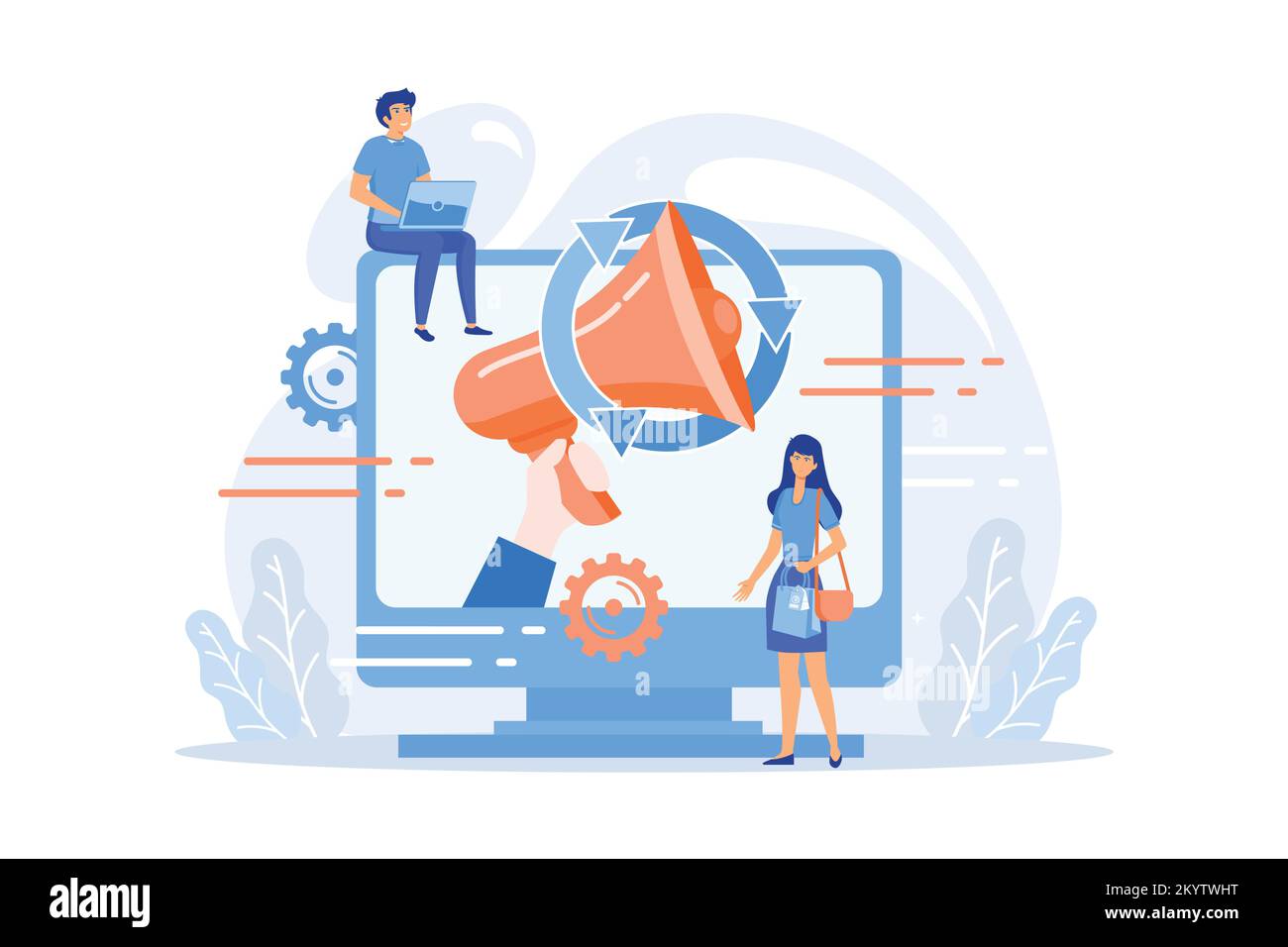 Computer con megafono e uomo d'affari con laptop e borsa per la spesa. Concetto di marketing digitale, e-commerce, social media marketing. moder vettoriale piatto Illustrazione Vettoriale