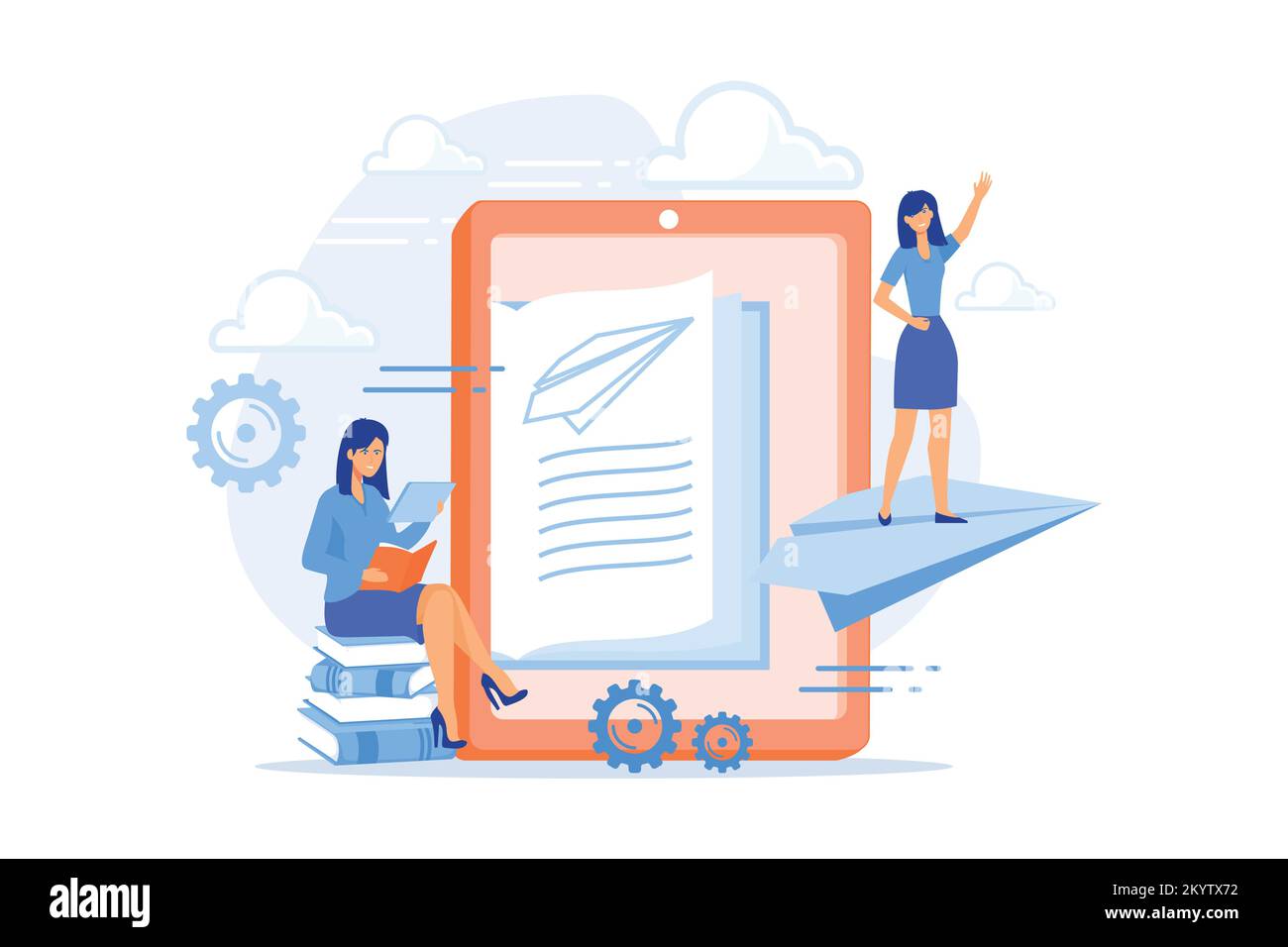 Utente con un libro e un tablet che si guarda volare su un piano di carta in realtà aumentata. Tecnologia di apprendimento della realtà virtuale, concetto di app di enerentainment. Illustrazione Vettoriale