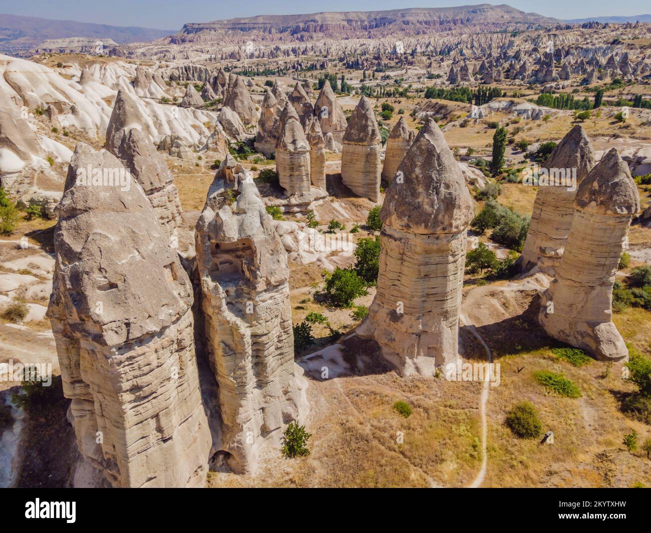 Formazioni geologiche uniche in Love Valley in Cappadocia, popolare destinazione di viaggio in Turchia Foto Stock