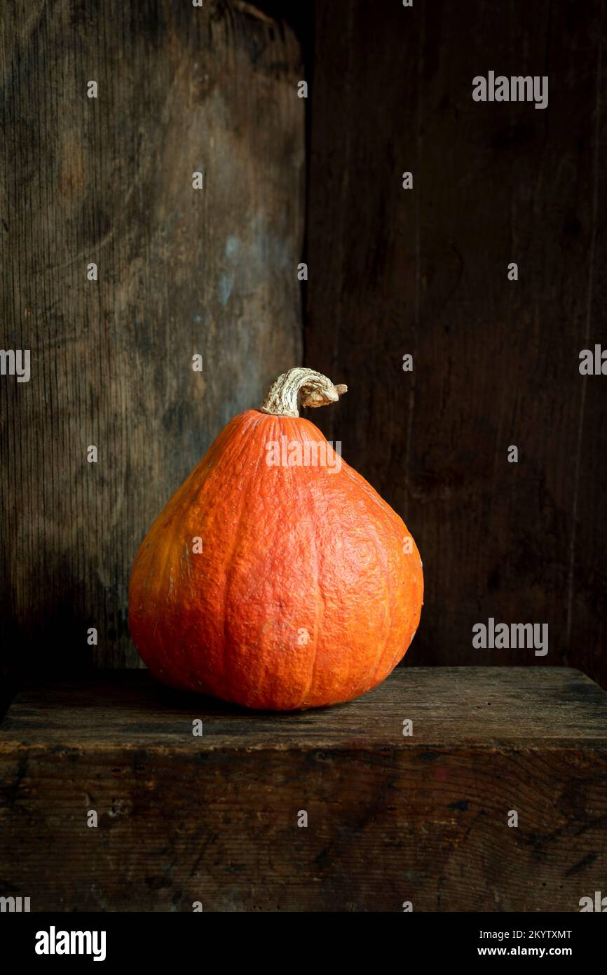 Zucca arancione matura appoggiata su un tavolo di legno in un ambiente rustico Foto Stock
