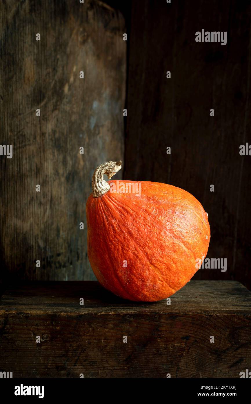 Foto verticale di una zucca secca all'arancia con un vecchio sfondo di legno Foto Stock