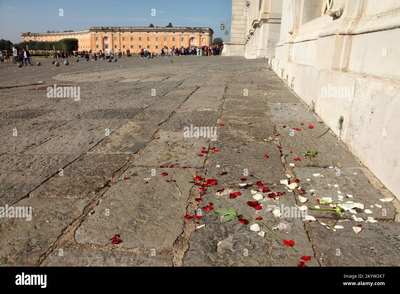 Petali di rosa rossi e bianchi fuori dalla Reggia di Caserta del 18th° secolo. Foto Stock