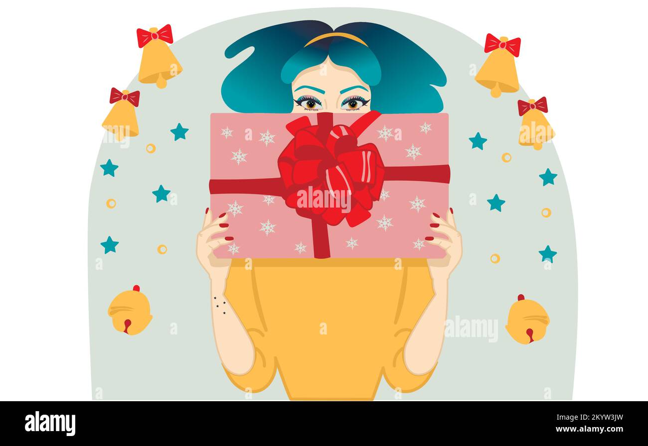 Ragazza pin-up con capelli blu con illustrazione regalo scatola di Natale Illustrazione Vettoriale