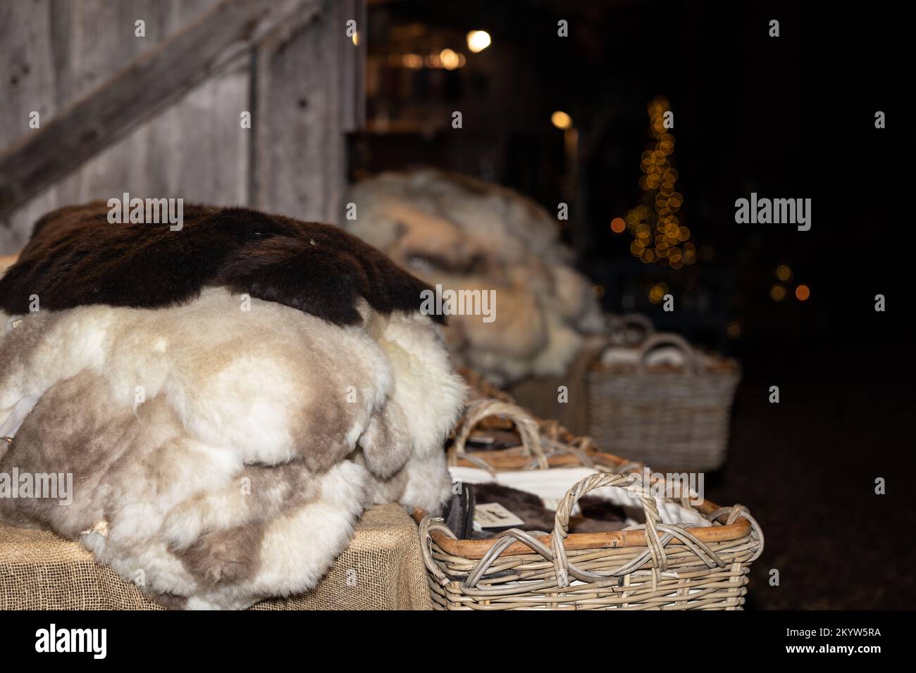 La vigilia di Natale, all'ingresso della casa si trovano bellissime pelli di pecora Foto Stock