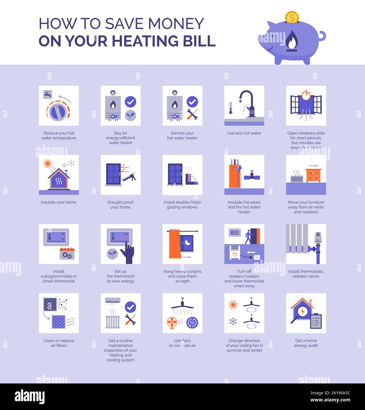 Come risparmiare sulla bolletta di riscaldamento, ridurre i costi di servizio e rendere la vostra casa più eco-friendly Illustrazione Vettoriale