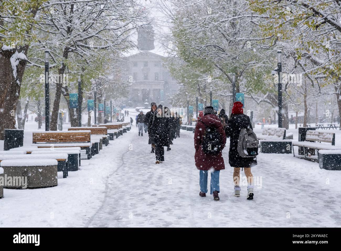 Montreal, CA - 16 novembre 2022: La prima nevicata della stagione colpisce la città. Studenti che camminano nel campus della McGill University. Foto Stock