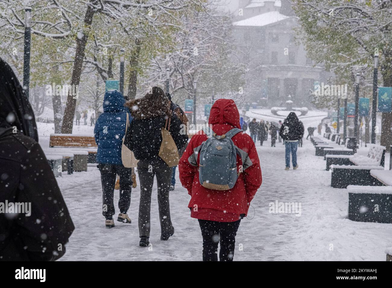 Montreal, CA - 16 novembre 2022: La prima nevicata della stagione colpisce la città. Studenti che camminano nel campus della McGill University. Foto Stock