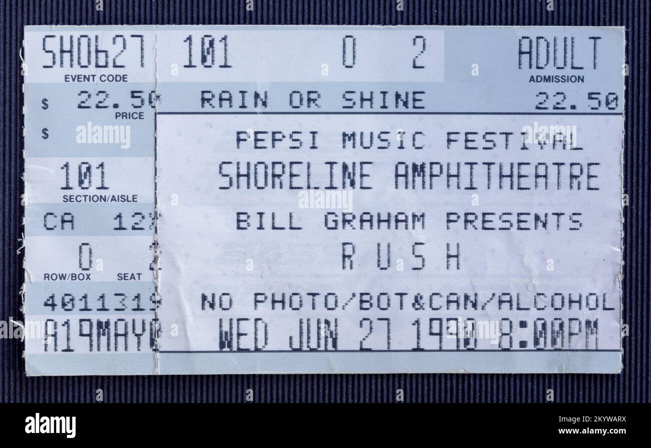 Mountain View, California - 27 giugno 1990 - biglietto usato per il concerto di Rush allo Shoreline Amphitheatre Foto Stock
