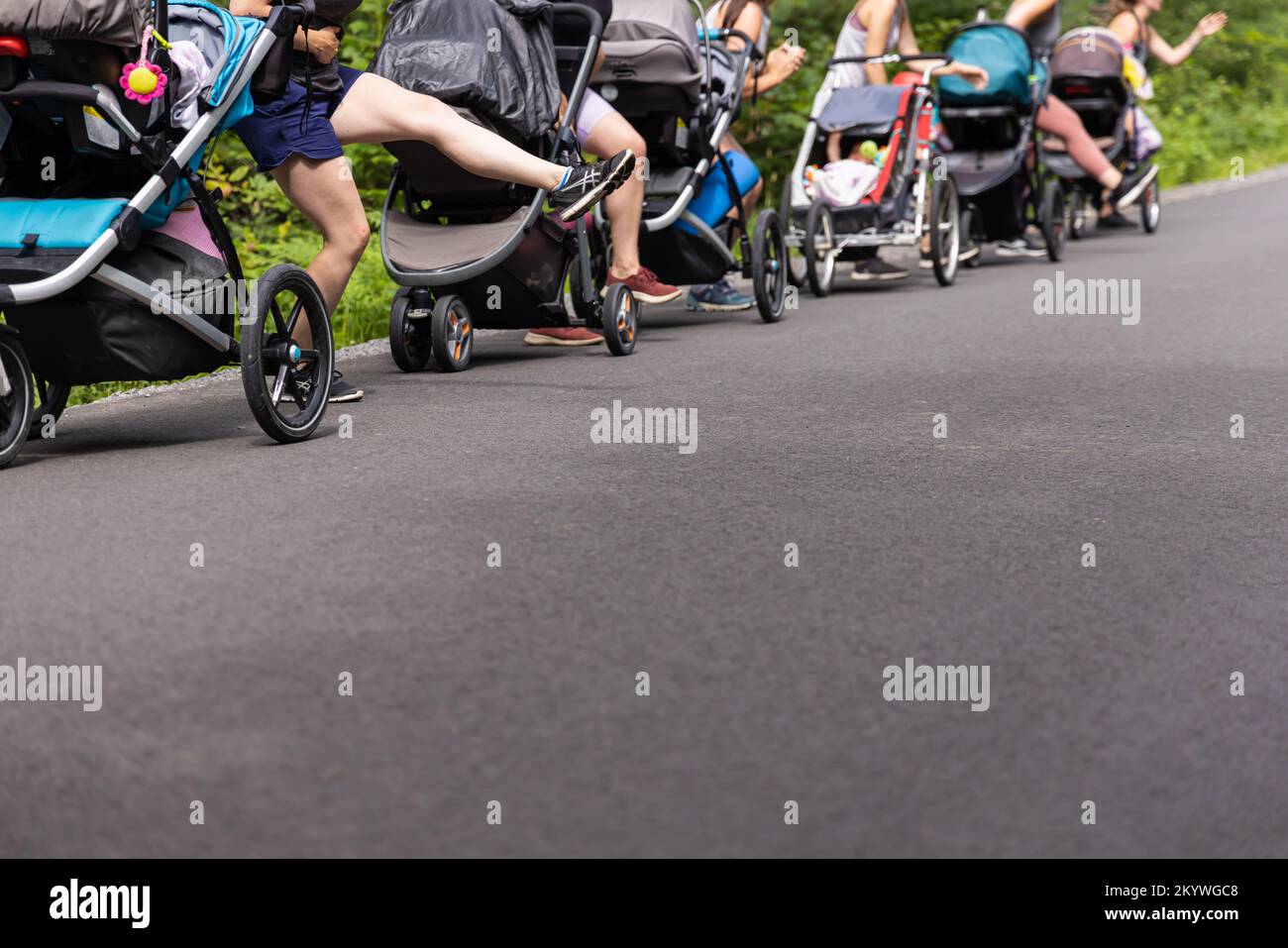 Gruppo di genitori che eseguono cardio insieme in un ambiente naturale, con i loro bambini in passeggini in una giornata di sole nel parco vestito da abiti estivi Foto Stock