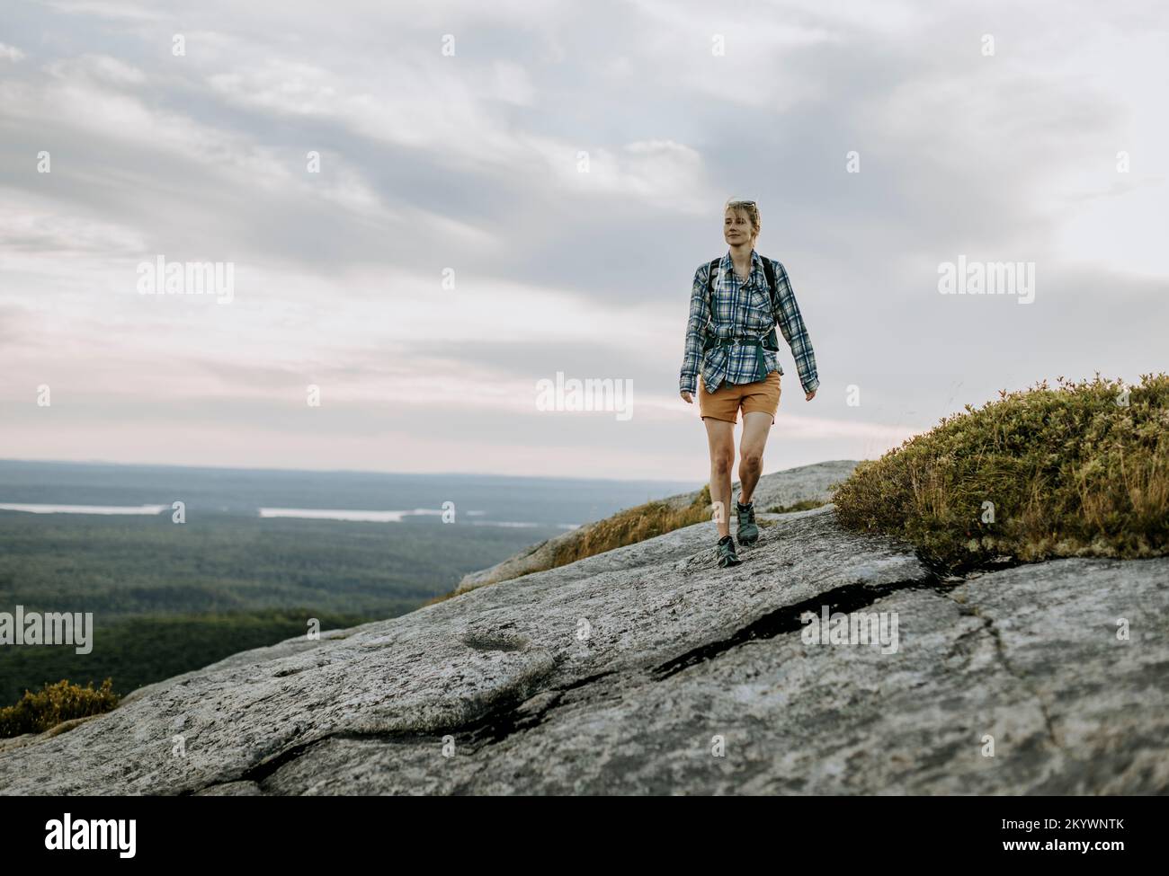 Giovane donna in camicia di flanella escursioni lungo la montagna Schoodic,  Maine Foto stock - Alamy