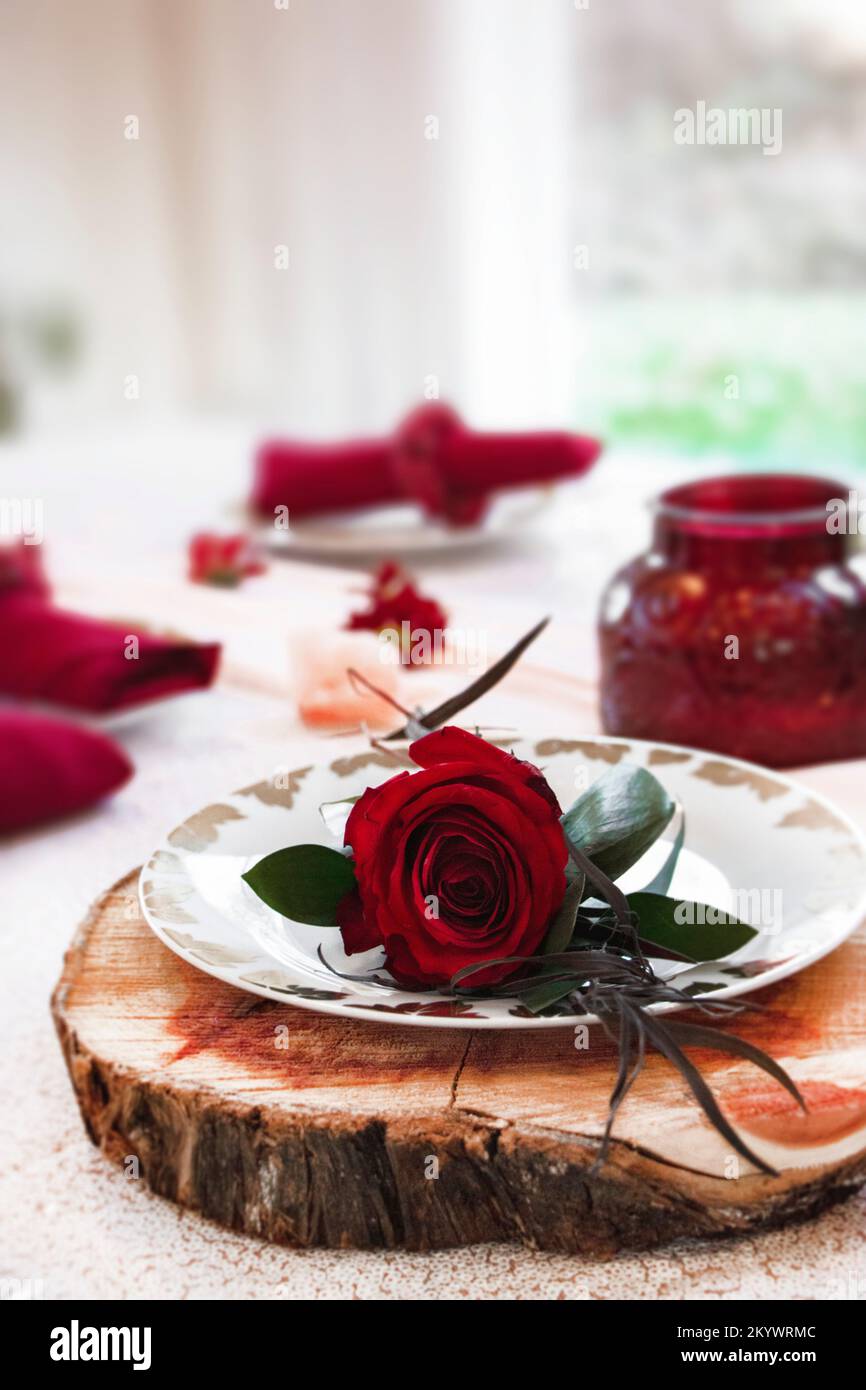 Tavolo da pranzo con una rosa singola Foto Stock