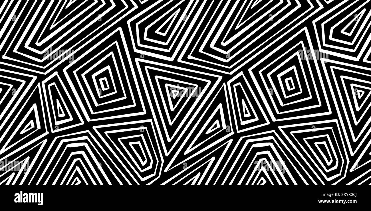 Fantasia astratta e senza cuciture disegnata a mano giocoso poligono geometrico a strisce modello doodle. Elegante disegno d'arte geode a forma di diamante bianco e nero Foto Stock