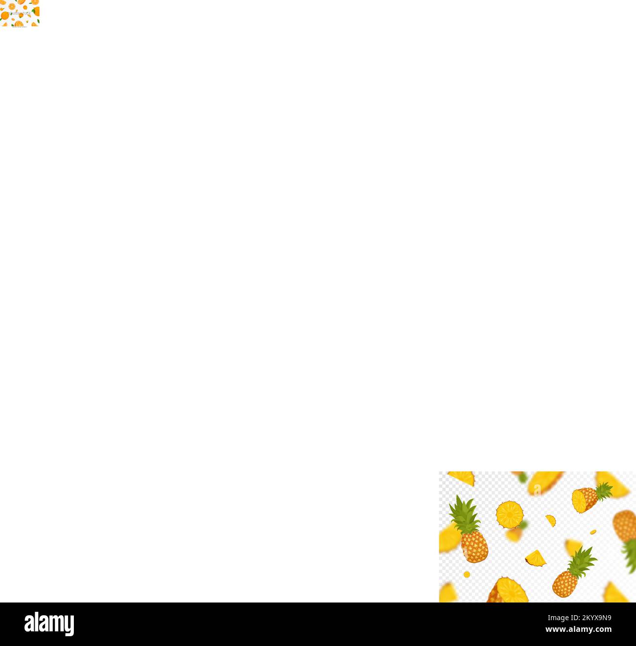 Ananas volanti, sfondo senza cuciture con una frutta di ananas intera e affettata. Caduta di ananassi con effetto sfocato, realistico vettore 3D i Illustrazione Vettoriale