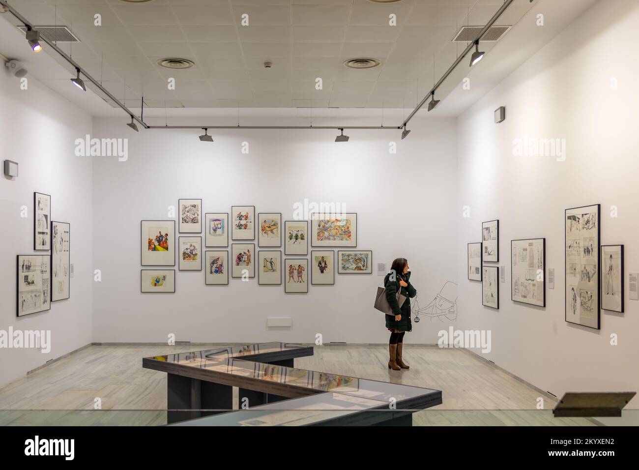Granada, Spagna; 27 novembre 2022: Donna che contempla i fumetti di un famoso cartoonista locale in una mostra di Martin Morales a Granada Foto Stock