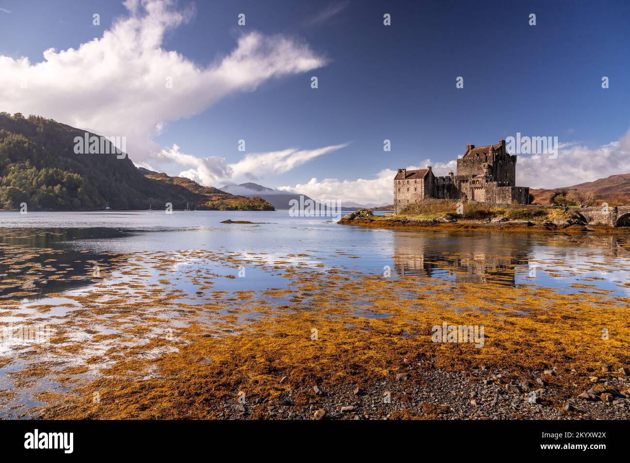 Eilean Donan castello negli altopiani della Scozia Foto Stock