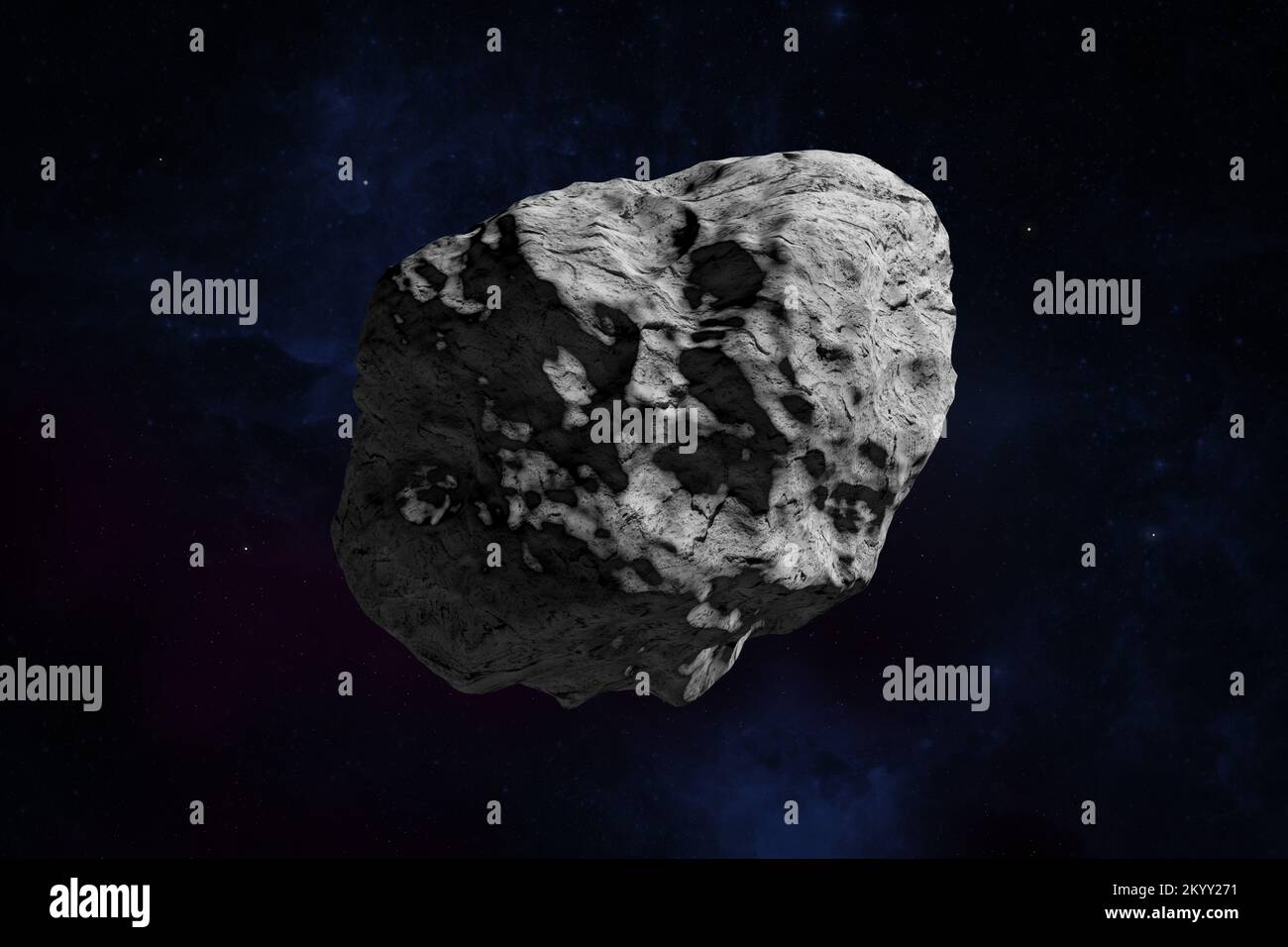 asteroide roccioso nello spazio con nebulosa e stelle. Pietra cosmica con crateri a impatto. Sfondo spaziale ad alta risoluzione. Elementi forniti dalla NASA. Foto Stock