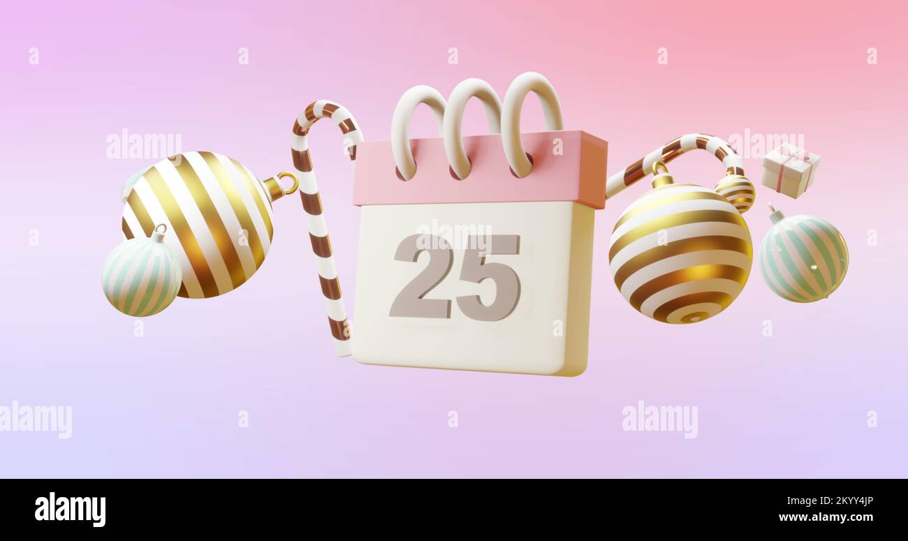 Immagine del calendario con numero 25 e decorazioni natalizie su sfondo rosa Foto Stock