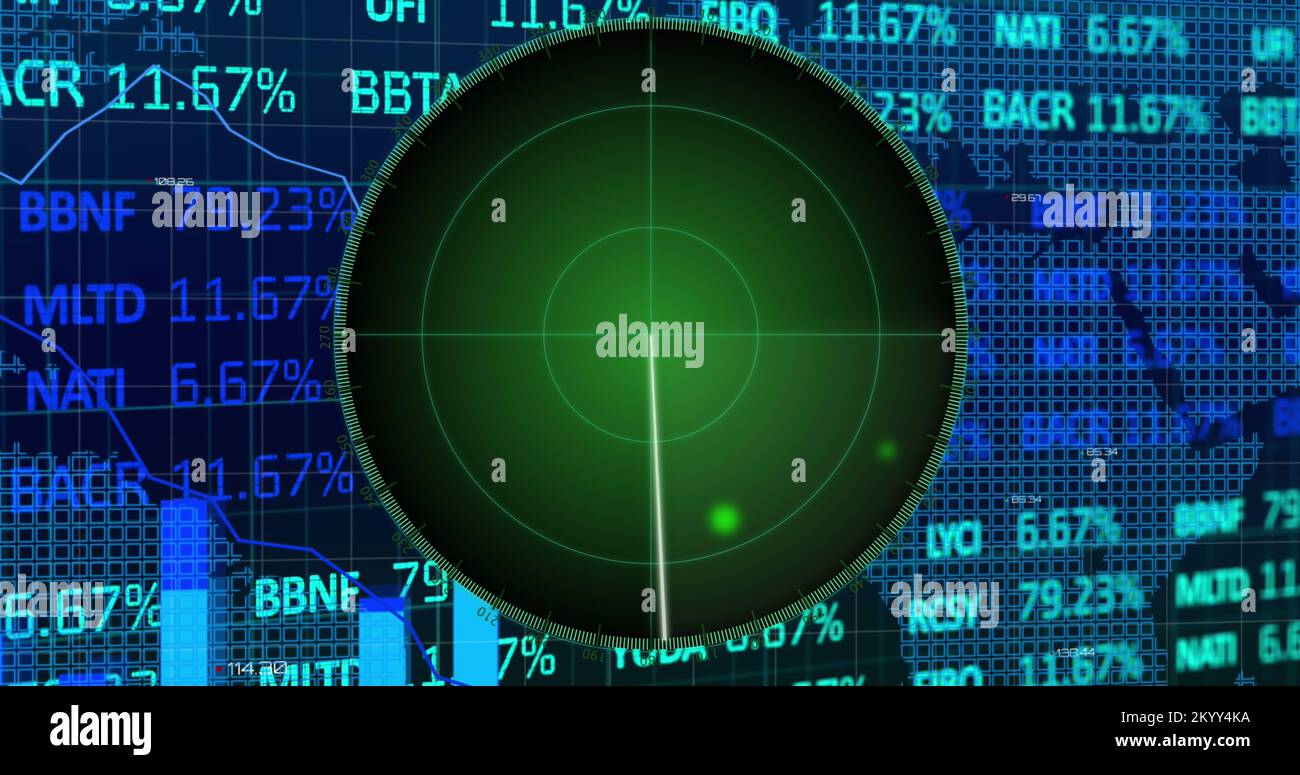 Immagine dei bersagli sullo schermo del radar sopra il grafico a barre, quadrati che formano mappe contro il trading board Foto Stock