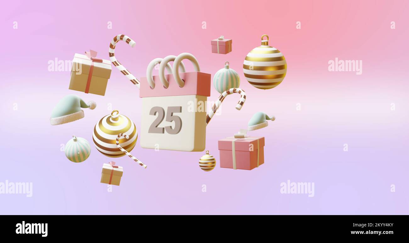 Immagine del calendario con numero 25 e decorazioni natalizie su sfondo rosa Foto Stock