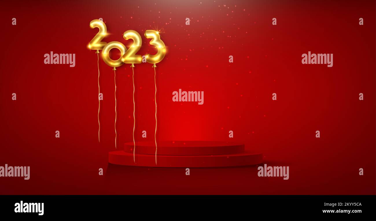 3D palloni dorati 2023 con banner da podio, festa di Capodanno, numeri in lamina d'oro, forma cilindrica espositore prodotto, piattaforma festiva per le feste. Illustrazione Vettoriale