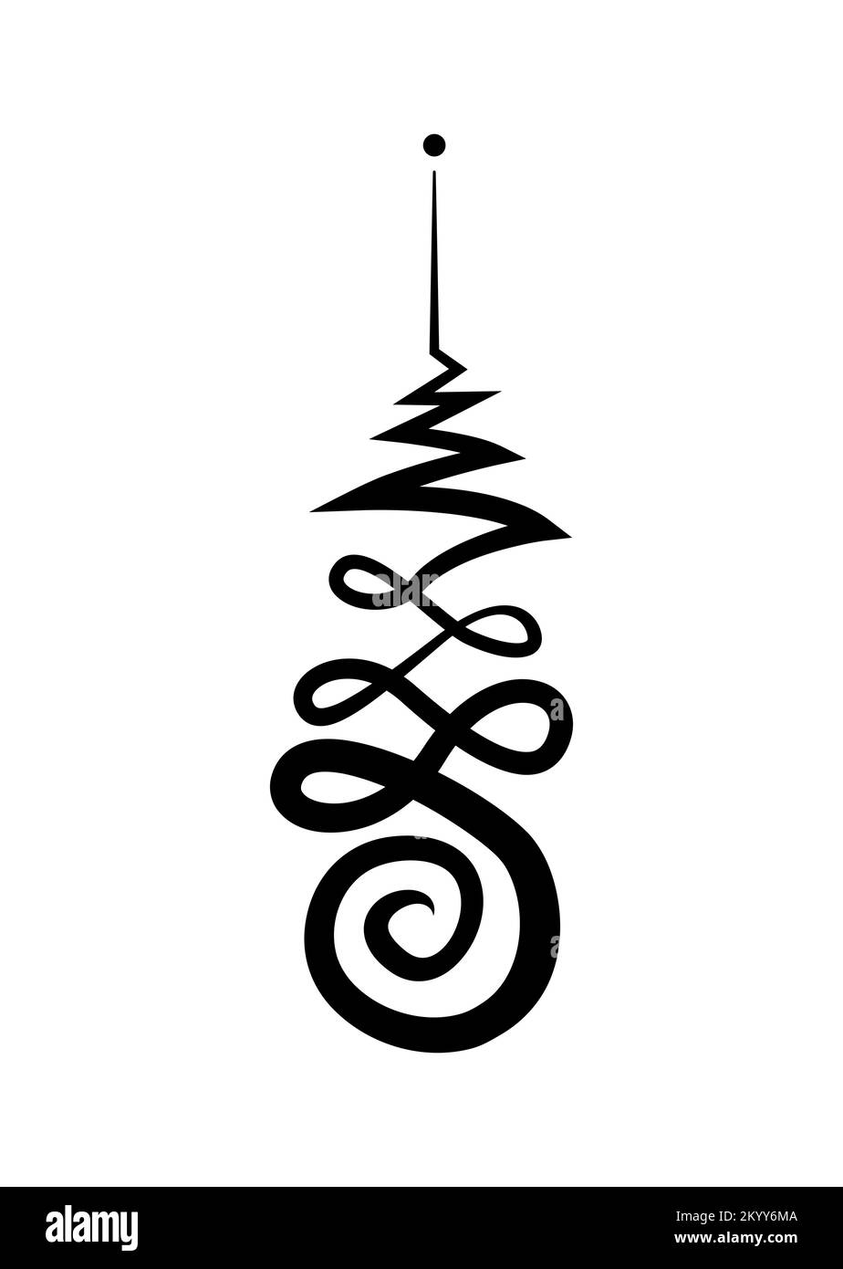 Simbolo di Unalome, segno indù o buddista che rappresenta il cammino verso l'illuminazione. Icona del tatuaggio Yantras. Semplice disegno a inchiostro bianco e nero, vettore isolato Illustrazione Vettoriale