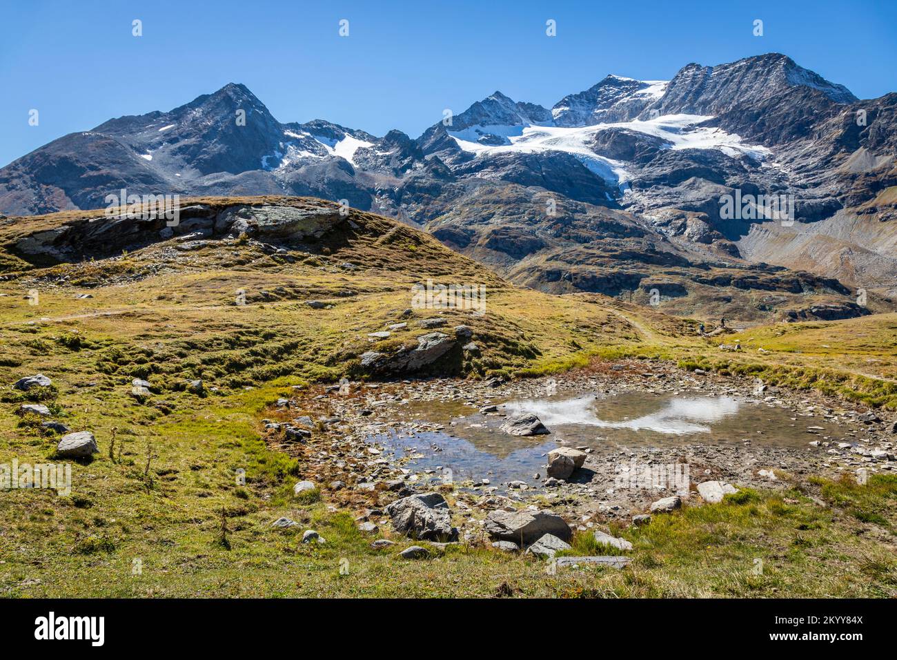 Bernina e Palu catena montuosa con lago nelle Alpi, Engadina, Svizzera Foto Stock