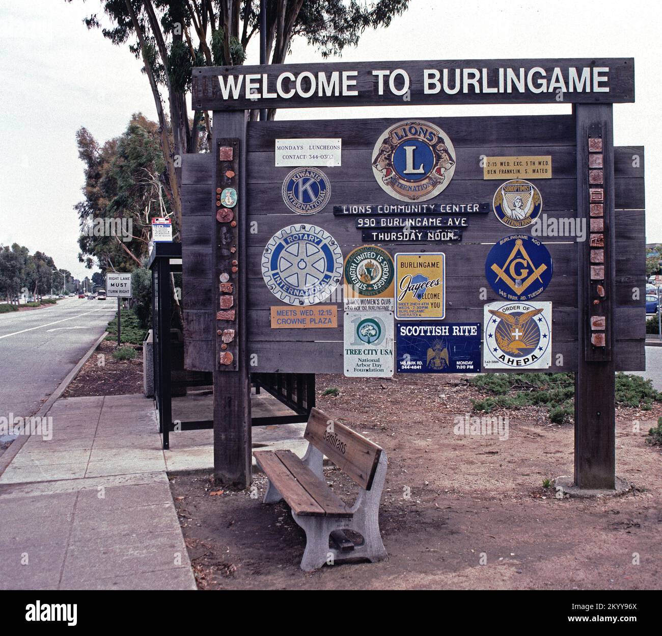 Benvenuti alla fermata dell'autobus Burlingame Samtrans, California, 1996 Foto Stock