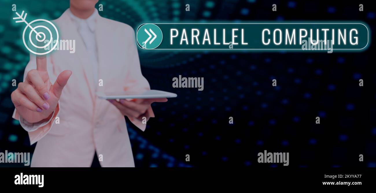 Cartello di testo che mostra Parallel Computing. Panoramica aziendale calcolo simultaneo tramite software e hardware Foto Stock
