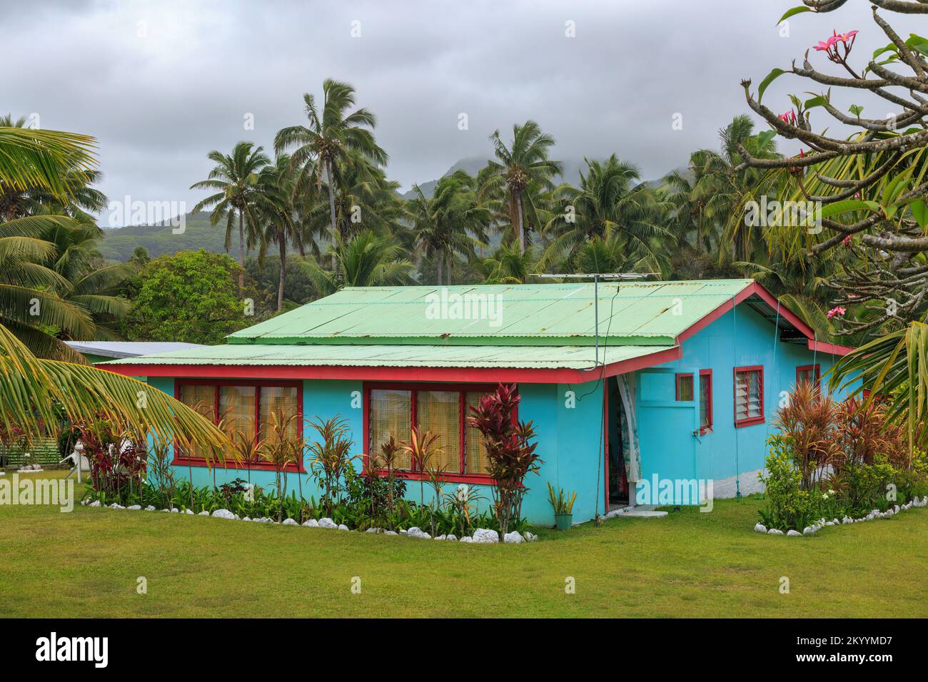 Una piccola casa colorata su un'isola tropicale del Sud Pacifico, con piante ti e un frangipani nel giardino Foto Stock