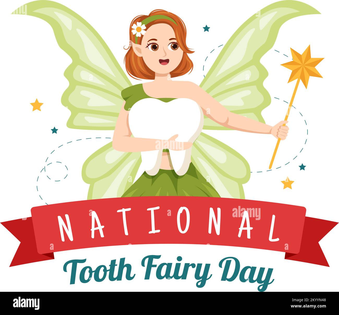 Giornata della Fata nazionale del dente con la bambina per aiutare i capretti per il trattamento dentistico misura come un Poster in illustrazione di modello disegnata a mano del cartoon piano Illustrazione Vettoriale