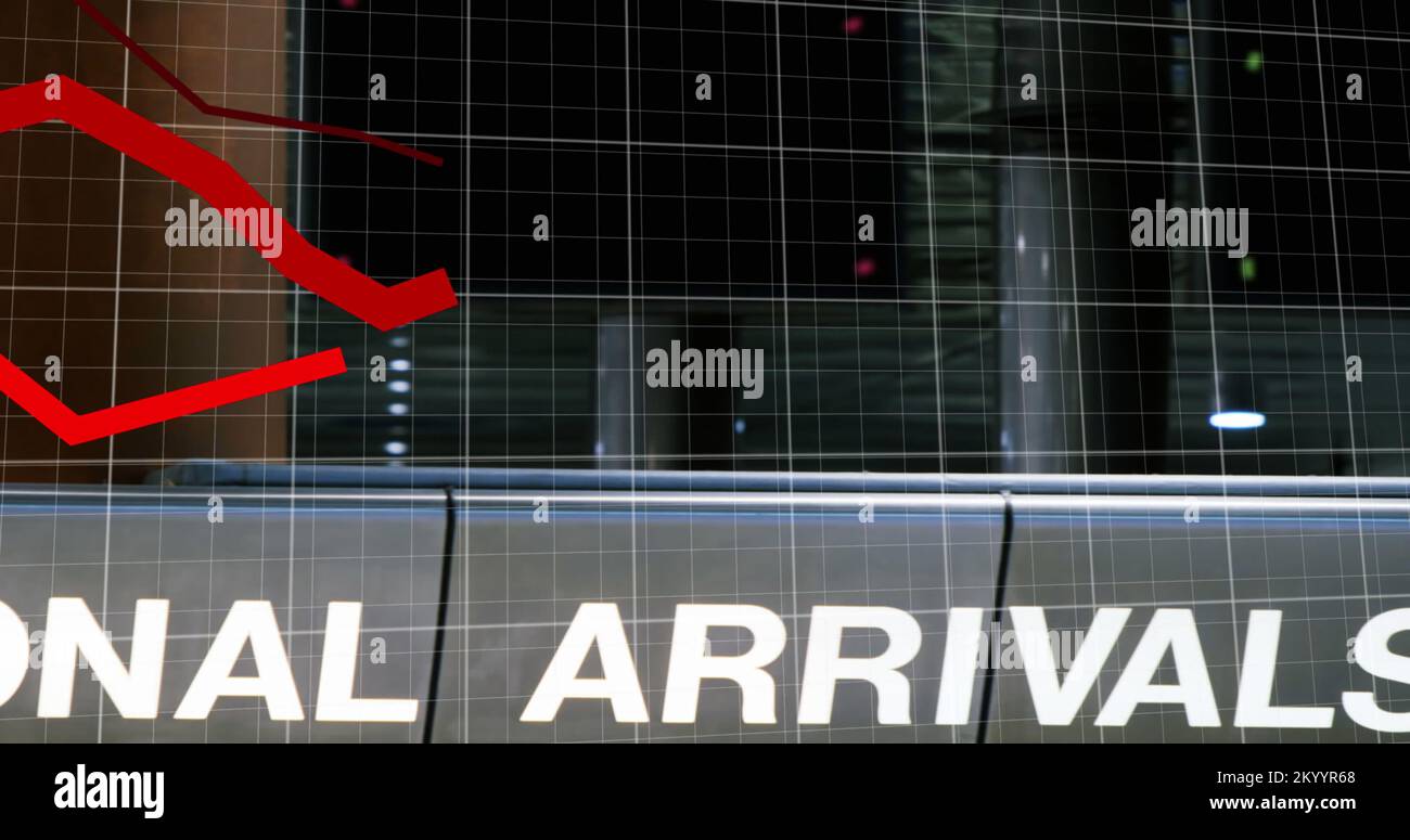 Grafico rosso, che mostra la crisi economica su una griglia sopra un aeroporto Foto Stock
