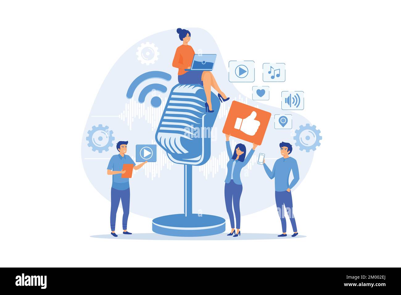 Pubblicità radiofonica. Stazione di trasmissione. Mass media marketing. Contenuti podcast, produzione di podcast di marketing, concetto di strategia per i contenuti. vec. piatto Illustrazione Vettoriale