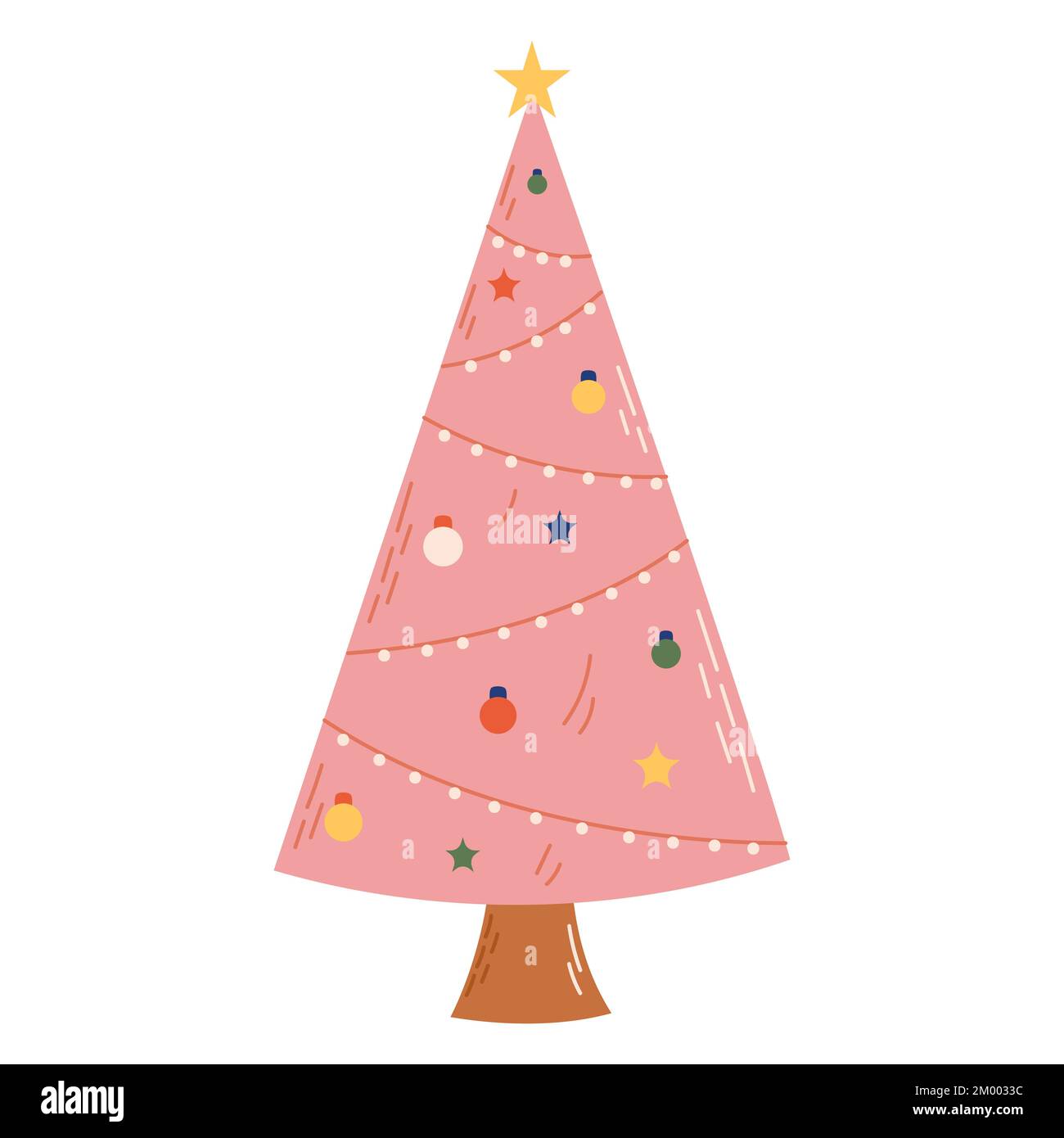 Albero di Natale con decorazioni. Concetto di celebrazione di Natale e Capodanno. Ideale per biglietti d'auguri, inviti, banner, web design. Illustrazione Vettoriale