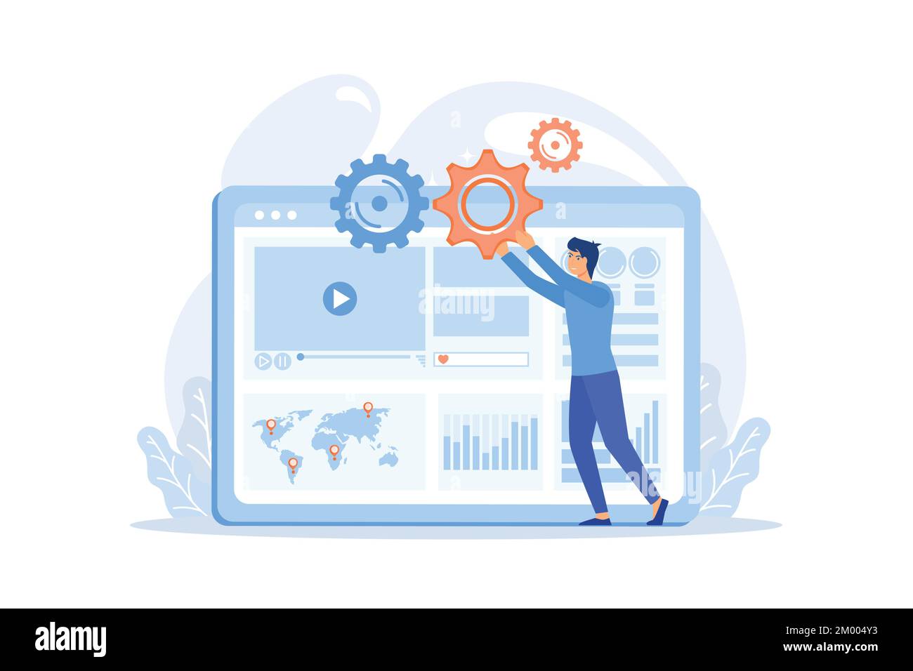 Analisi della pubblicità su Internet. SEO, marketing, report infografiche. Promozione digitale, pubblicità sui social media. Promo di contenuti video. vecto piatto Illustrazione Vettoriale