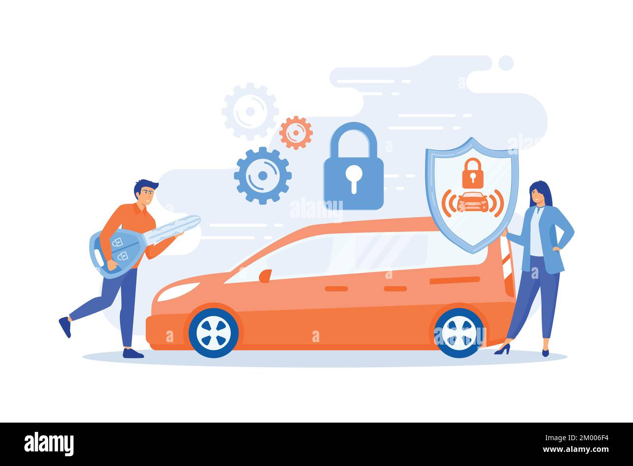 Uomo d'affari con chiave telecomando auto e donna con scudo in auto con lucchetto. Sistema di allarme per auto, sistema antifurto, concetto statistico furti di veicolo. fla Illustrazione Vettoriale