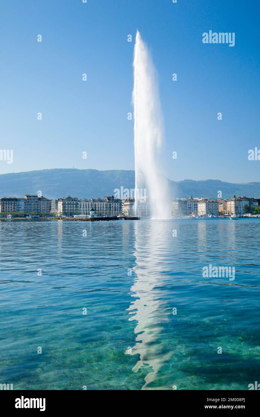 Il Jet d'eau, il punto di riferimento nel bacino del Lago di Ginevra, Cantone di Ginevra, Svizzera, Europa Foto Stock